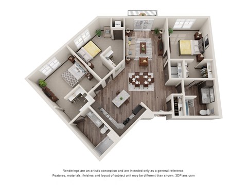 Floor plan for 3 beds, 2 baths, 1383 sqft